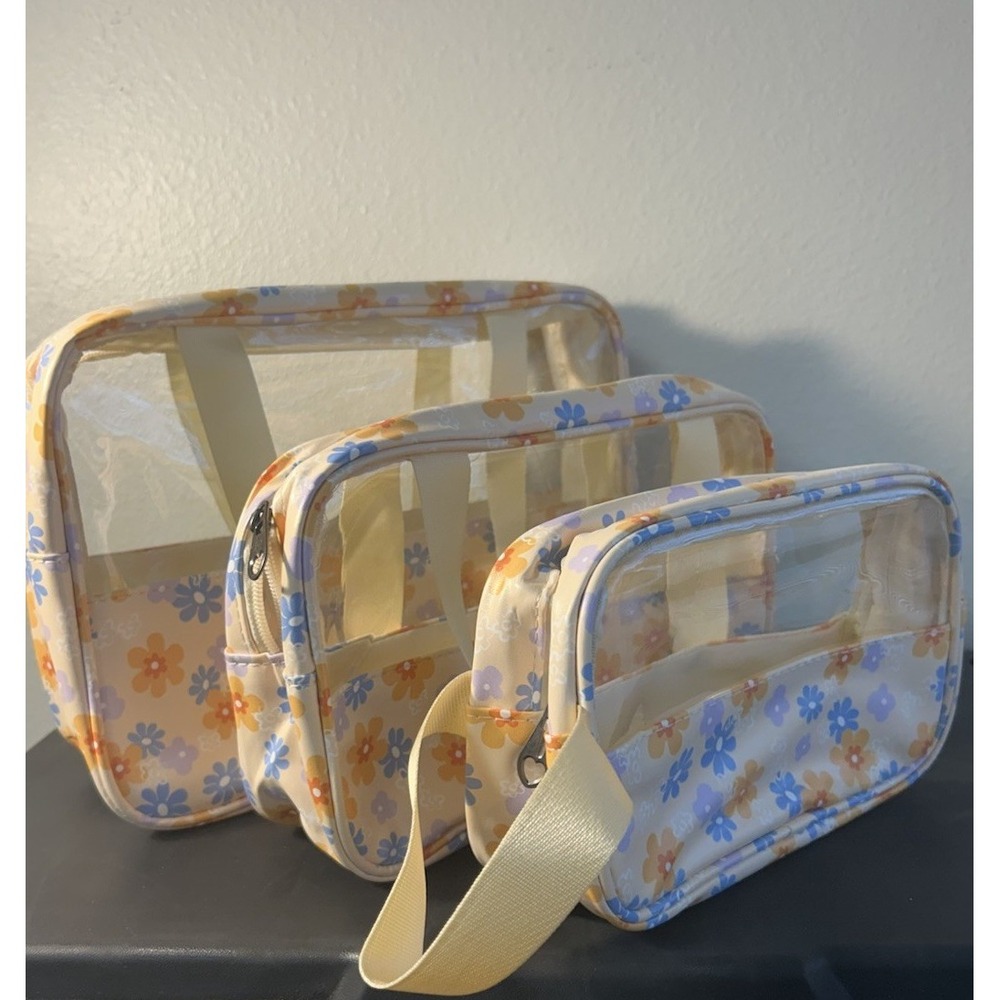 Unbranded Travel Makeup Bag Set Womens OS Beige New Floral 3 Piece Zipper Pouch
